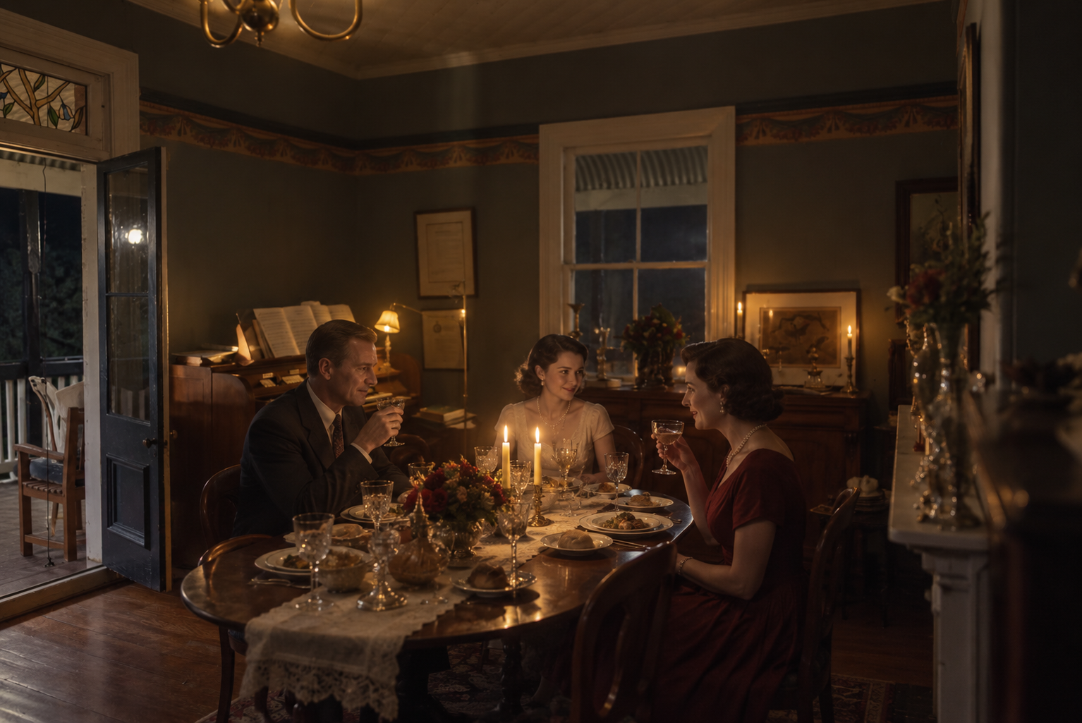 A candlelit 1950s family dinner inside the grandfather's estate