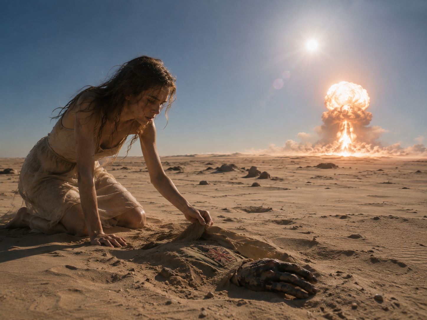 Elizabeth kneels in the desert as a nuclear explosion rises behind her in a dream
