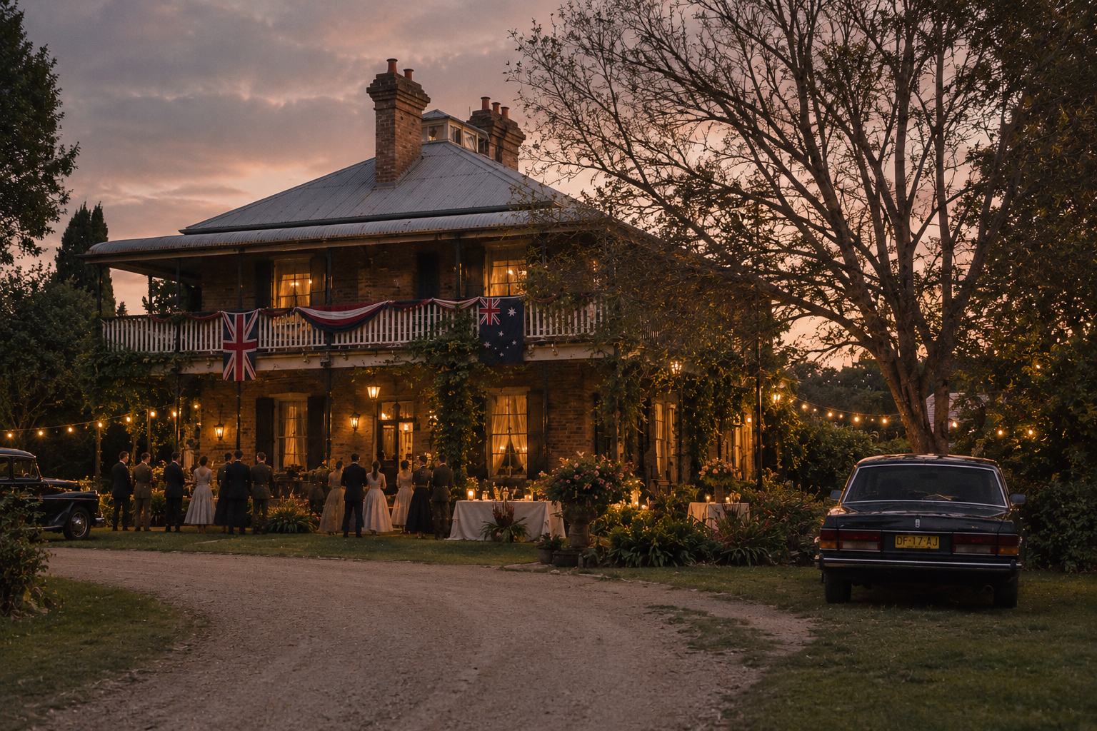 The selected grandfather's estate at dusk during a 1950s garden party