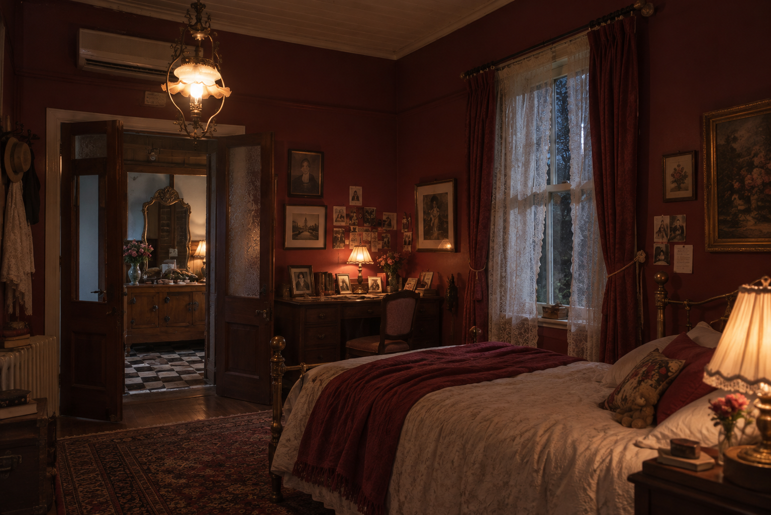A deep red bedroom inside the grandfather's estate
