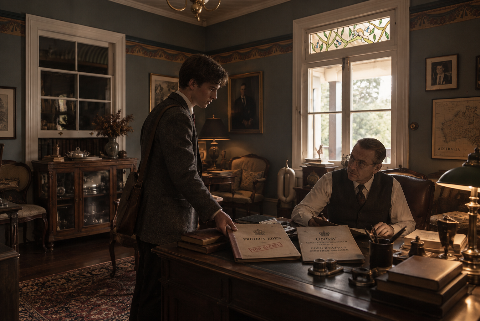A young man meeting an older scientist in the grandfather's study
