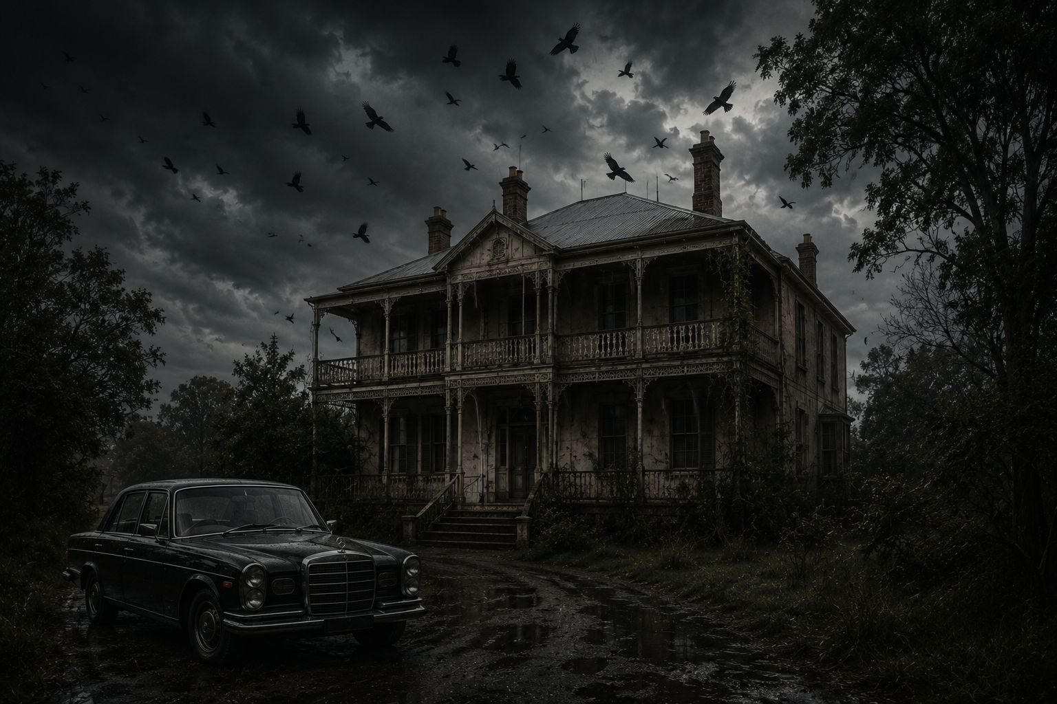 An abandoned Australian estate beneath a stormy sky