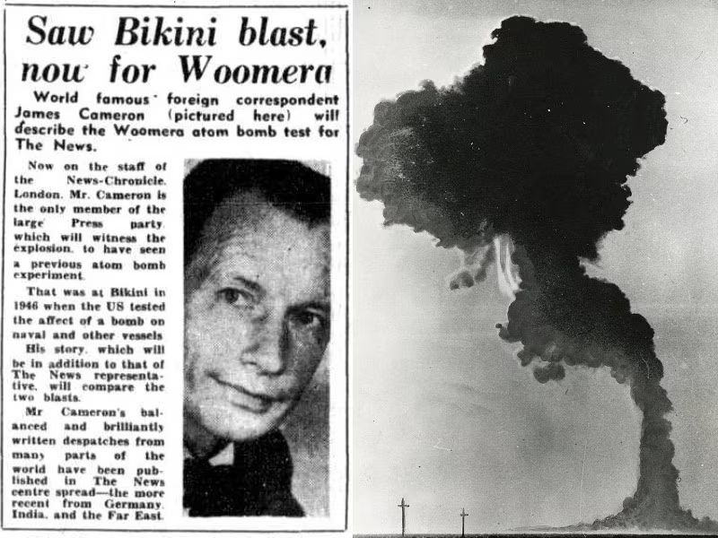 Historic newspaper report and mushroom cloud from British atomic testing