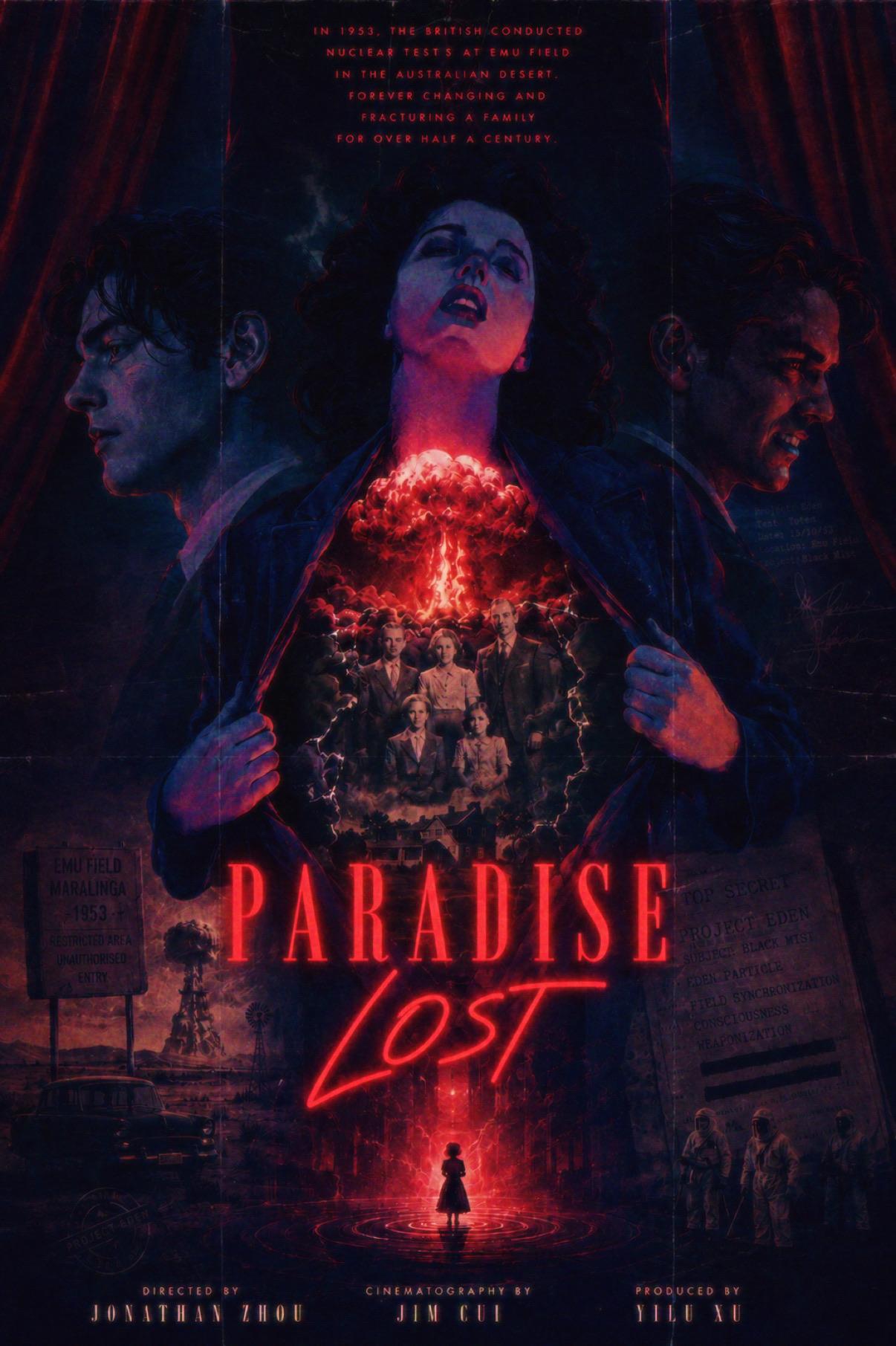 Paradise Lost film poster featuring Elizabeth, Howard, a mushroom cloud and Emu Field